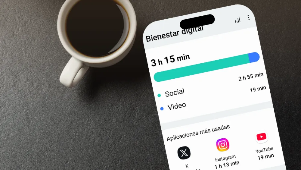 Panel de Bienestar digital del celular mostrando el tiempo de pantalla del día